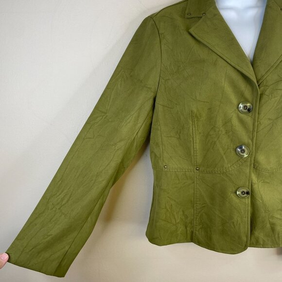 Vintage Womens Button Up Jacket Blazer Sz M OLIVE GREEN Crinkle Studded L/S - Picture 9 of 13